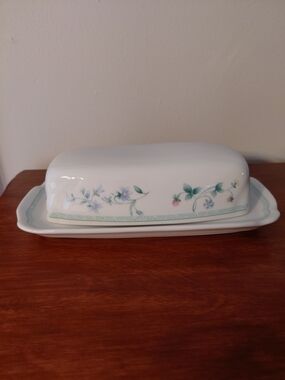 China Floral Porcelain Butter Dish in White with Mint Green Accents